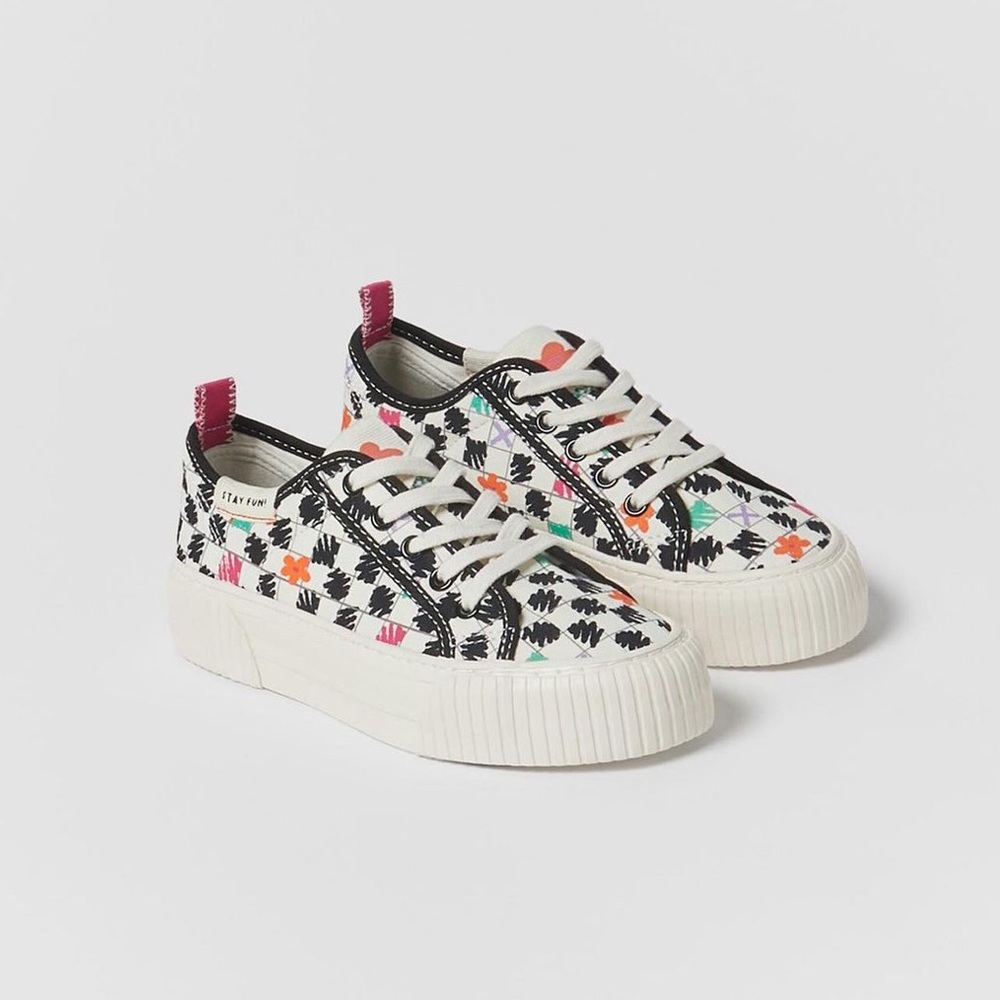 Zara Girls Lace Up Cotton Printed Platform Sneaker NWOT
